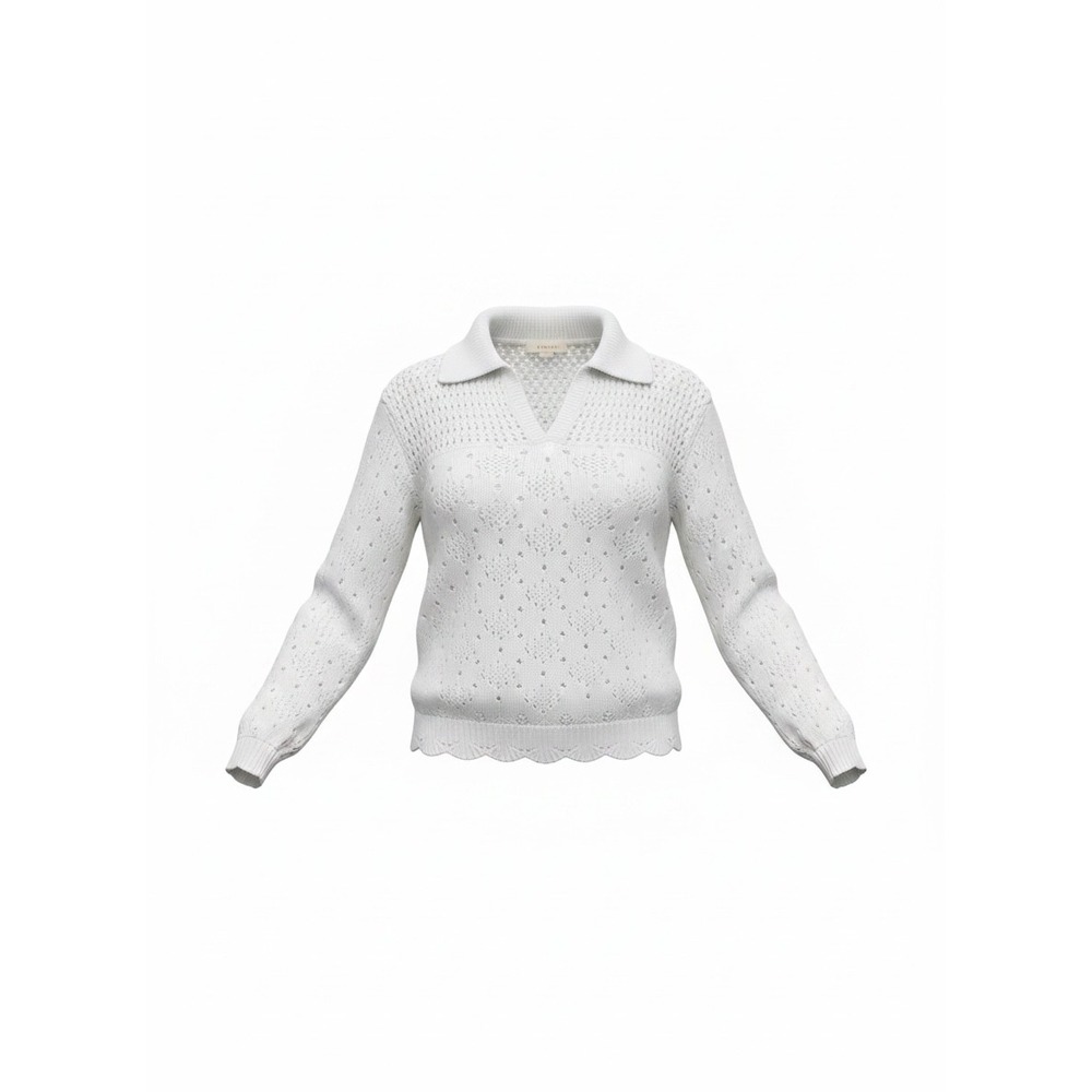Hem & Thread White Pointelle Knit Polo Sweater Collared V-Neck Scalloped Hem M